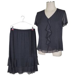 Sag Harbor Midi Chiffon Skirt Suit PL Blouse PM Polka Dot Ruffled Flutter Sleeve
